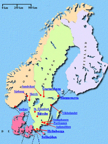 Map of naturist grounds in Skandinavia